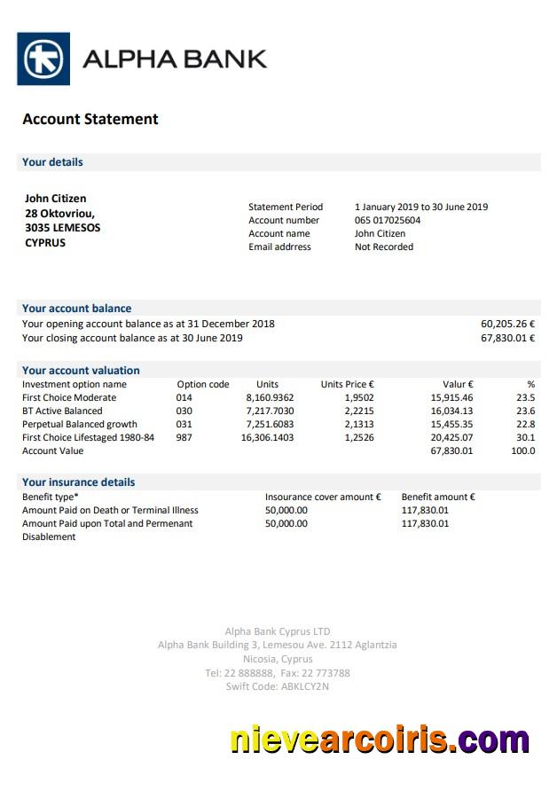 Cyprus Alpha Bank statement